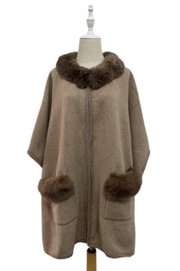 Faux Fur Trim Wool Cape With Pockets