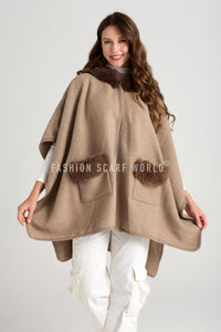 Faux Fur Trim Wool Cape With Pockets