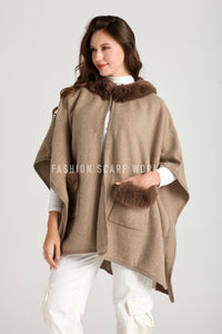 Faux Fur Trim Wool Cape With Pockets