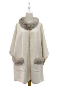 Faux Fur Trim Wool Cape With Pockets