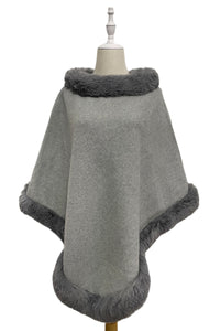 Faux Fur Trim Wool Poncho