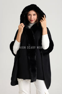 Faux Fur Trim Hooded Wool Jacket