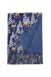 Reindeer & Christmas Tree Print Wool Tassel Scarf