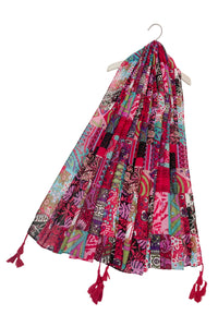 Vibrant Pink Patchwork Print Tassel Scarf