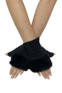 Diamante & Faux Fur Trim Fingerless Gloves