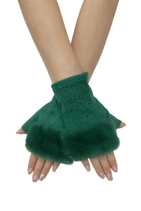 Diamante & Faux Fur Trim Fingerless Gloves