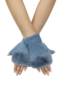 Diamante & Faux Fur Trim Fingerless Gloves