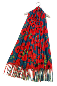 Bold Poppy & Monet Art Print Reversible Wool Tassel Scarf