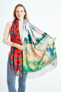 Bold Poppy & Monet Art Print Reversible Wool Tassel Scarf