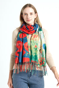 Bold Poppy & Monet Art Print Reversible Wool Tassel Scarf