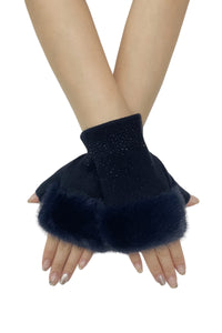 Diamante & Faux Fur Trim Fingerless Gloves