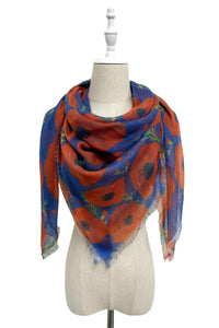 Poppy Print Linen Square Frayed Scarf