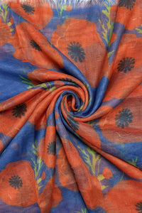 Poppy Print Linen Square Frayed Scarf