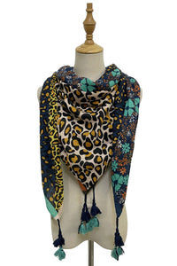 Leopard & Floral Stripe Print Square Tassel Scarf